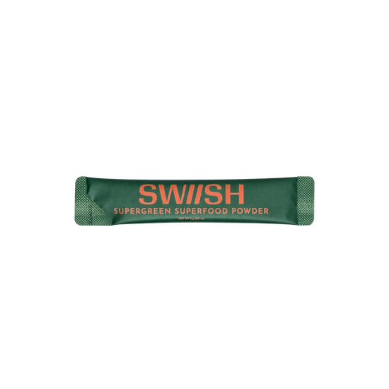 SWIISH Supergreen superfood powder packet on a white background