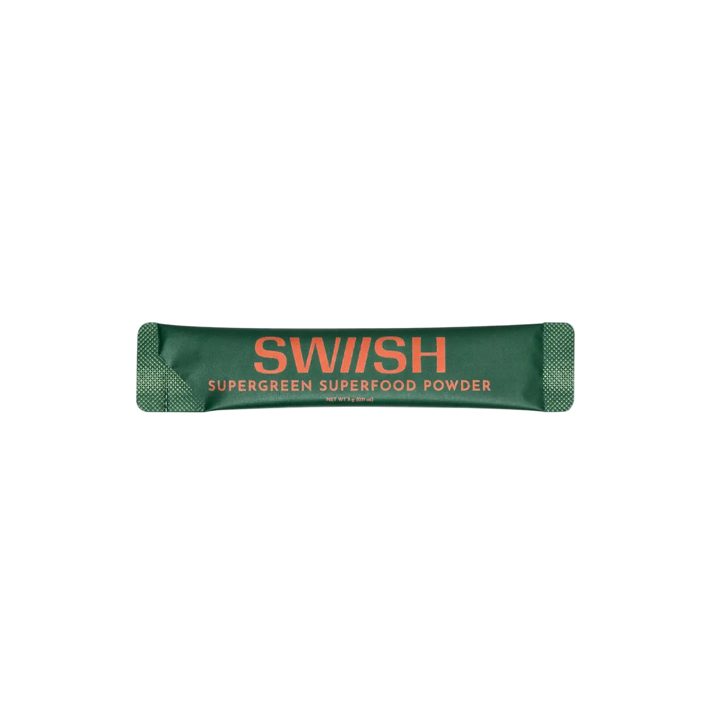 SWIISH Supergreen superfood powder packet on a white background