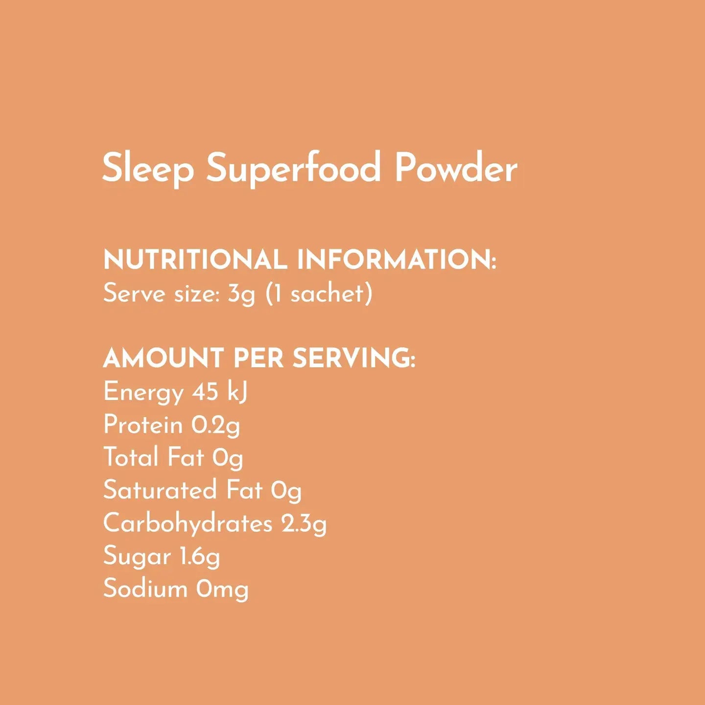 Nutritional information for Swiish Sleep Superfood Powder on a peach background