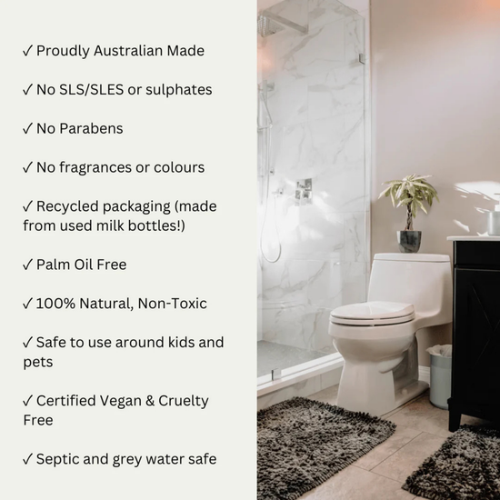 Bathroom with a toilet and shower, featuring text about product features on the left.