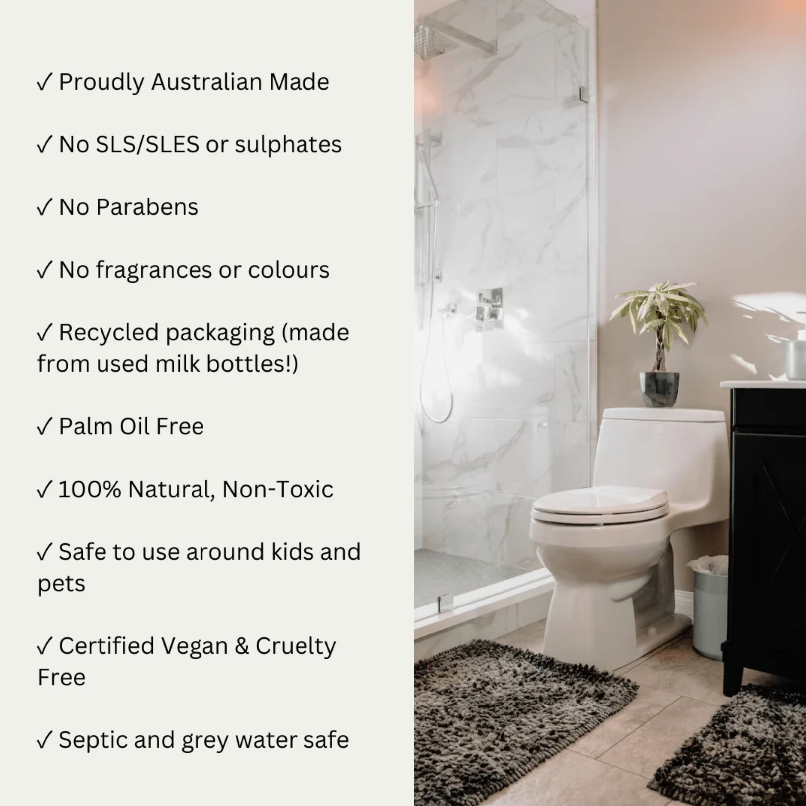 Bathroom with a toilet and shower, featuring text about product features on the left.