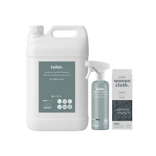 Set of eco-friendly toilet cleaning products including a large refill container, spray bottle, and woven cloth.