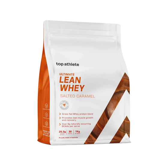 Top Athlete Lean Whey protein powder package in salted caramel flavor