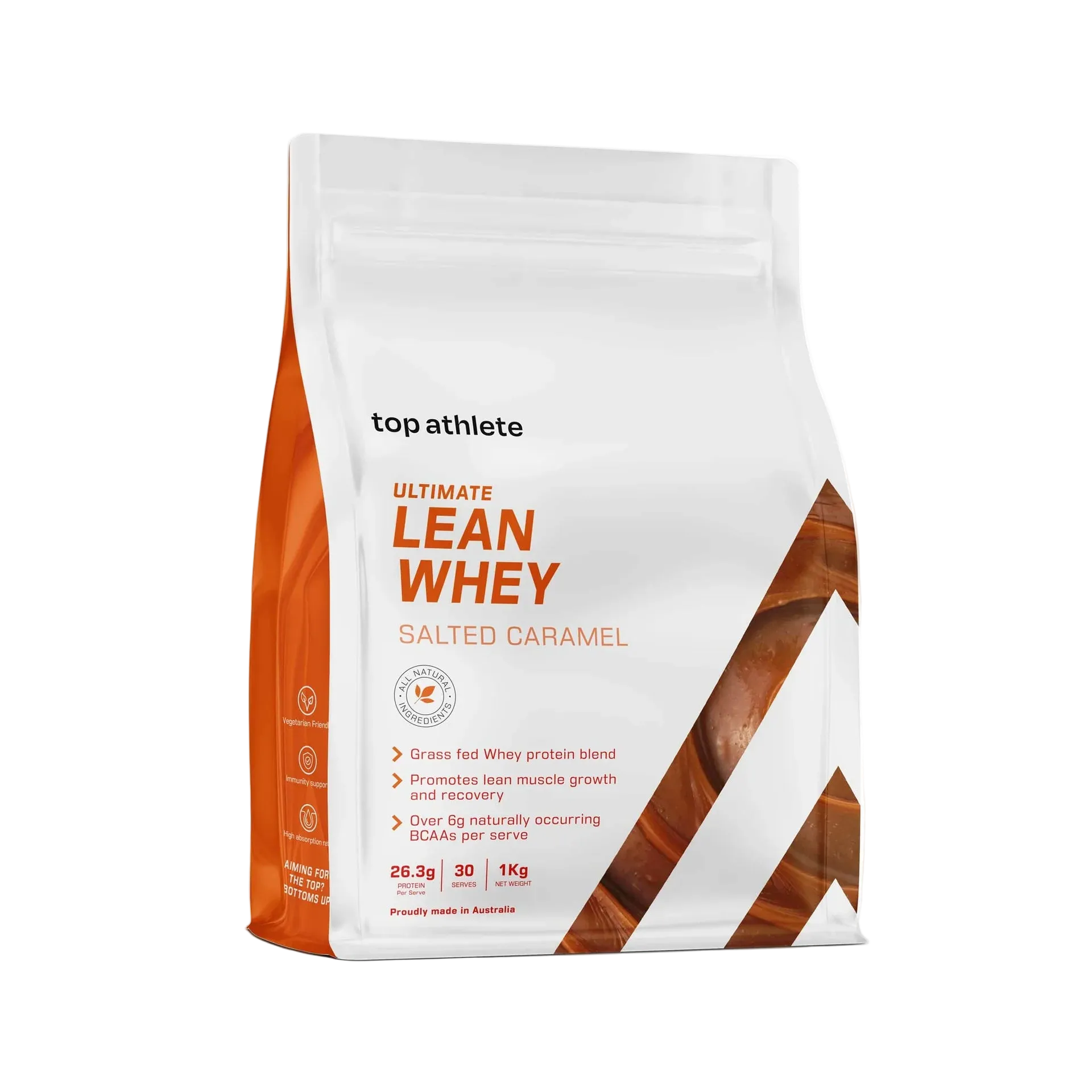 Top Athlete Lean Whey protein powder package in salted caramel flavor