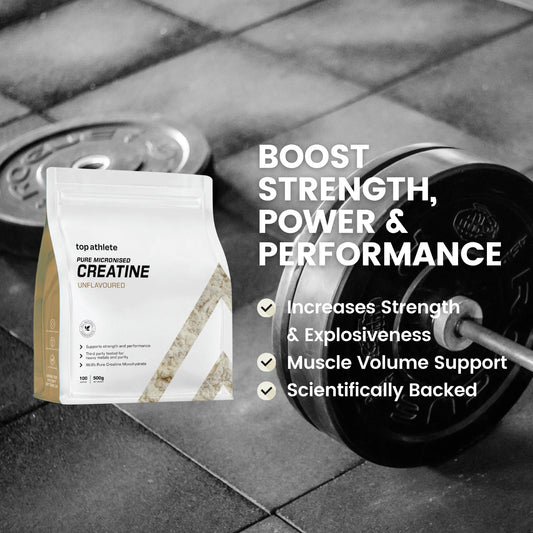 A stand-up pouch of top athlete creatine powder shown beside gym equipment on a dark tiled floor, with promotional text reading 'BOOST STRENGTH, POWER & PERFORMANCE' and bullet points about increased strength, muscle volume support, and scientific backing.