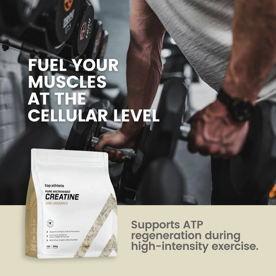 A bag of Top Athlete Pure Whey Isolate Creatine Unflavoured is shown in the foreground against a gym background of a person lifting a dumbbell. The image features promotional text overlays.