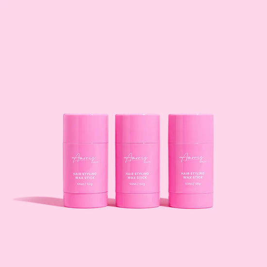 Three amoris pink hair styling products with 'Amoris' branding on a pink background