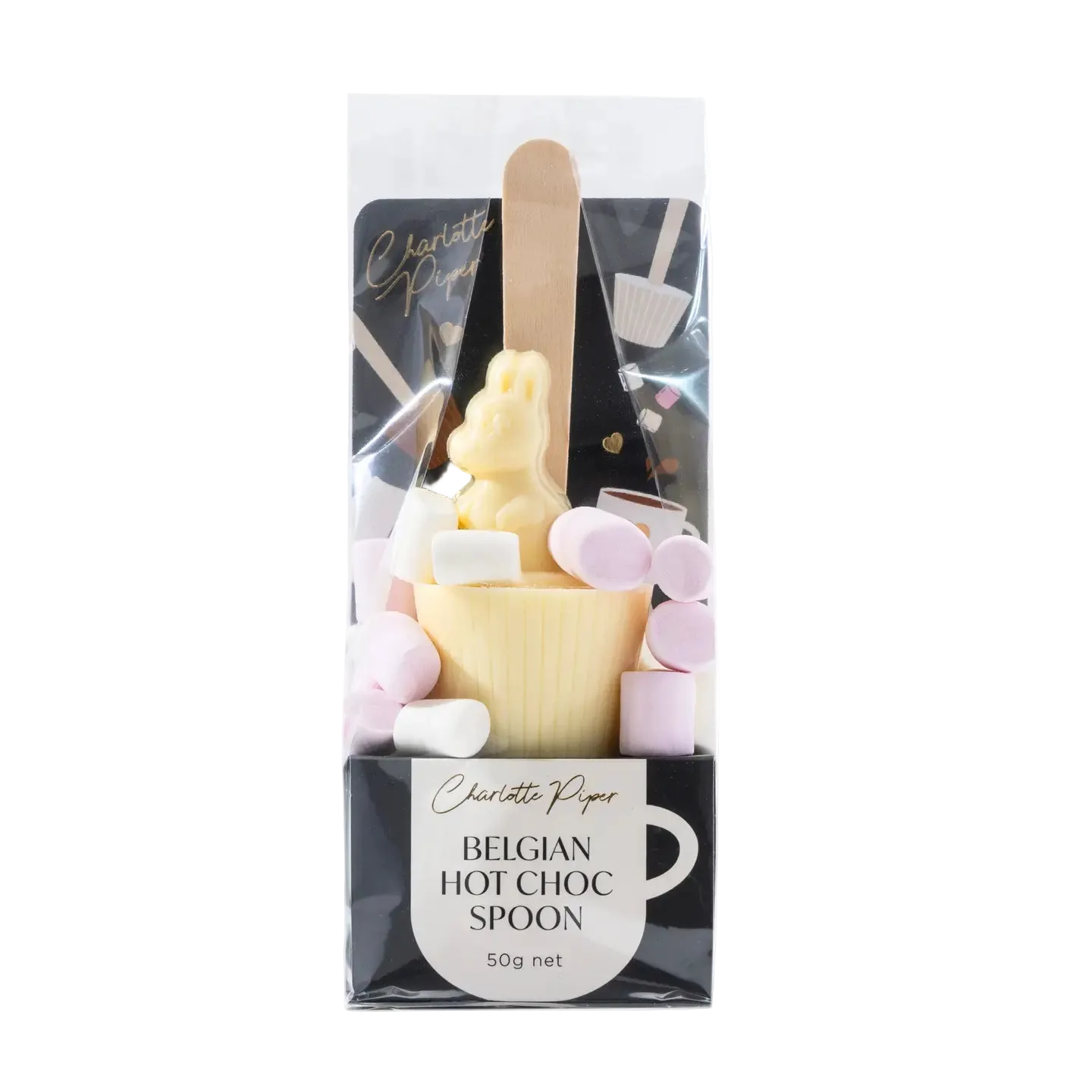 Packaged Belgian white kangaroo hot chocolate spoon with marshmallows 