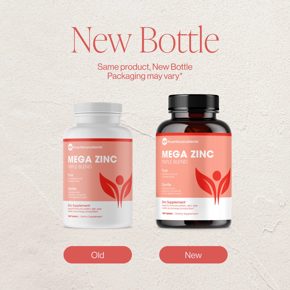 Two Mega Zinc supplement bottles, one old and one new, on a light gray background.