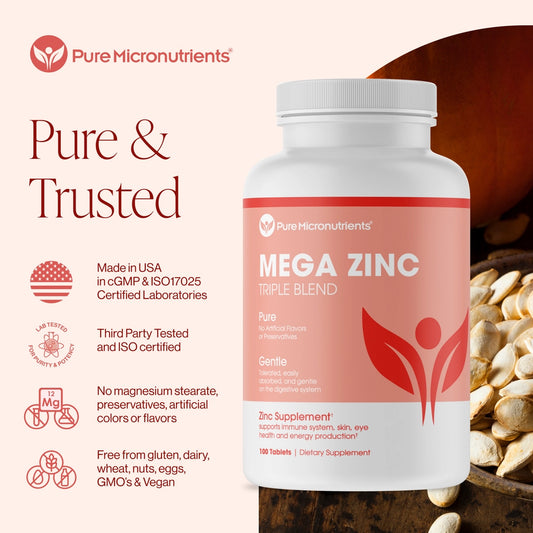 Supplement bottle labeled 'Mega Zinc' by Pure Micronutrients with branding and product details on a beige background.