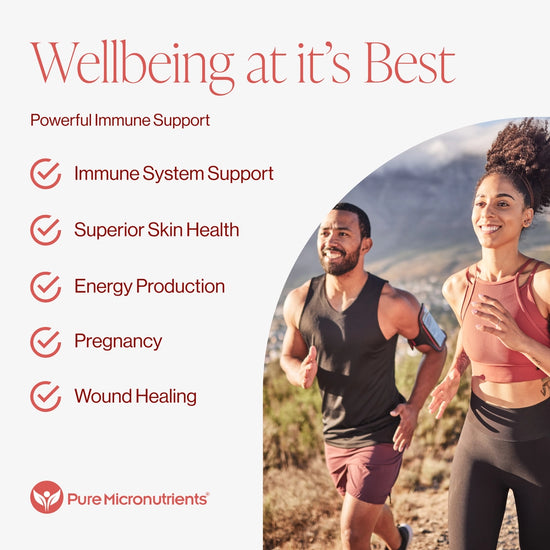 Two people running outdoors with a list of health benefits Immune system support, superior skin health, energy production, pregnancy and wound healing on the left side, branded as Pure Micronutrients.