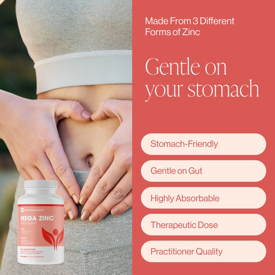 Mega Zinc supplement bottle with a person holding their stomach, on a red background with text about supplement benefits. Stomach friendly, gentle on gut, high absorbable, therapeutic dose and practitioner quality