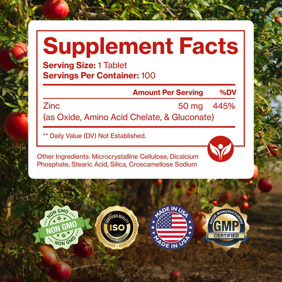 Supplement facts label with tree and apples in the background